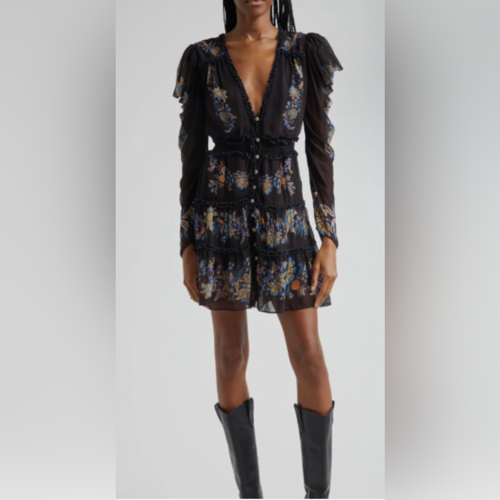 Farm Rio Garden Stitched Mini Dress Long Sleeve Button Front XS Black NWT